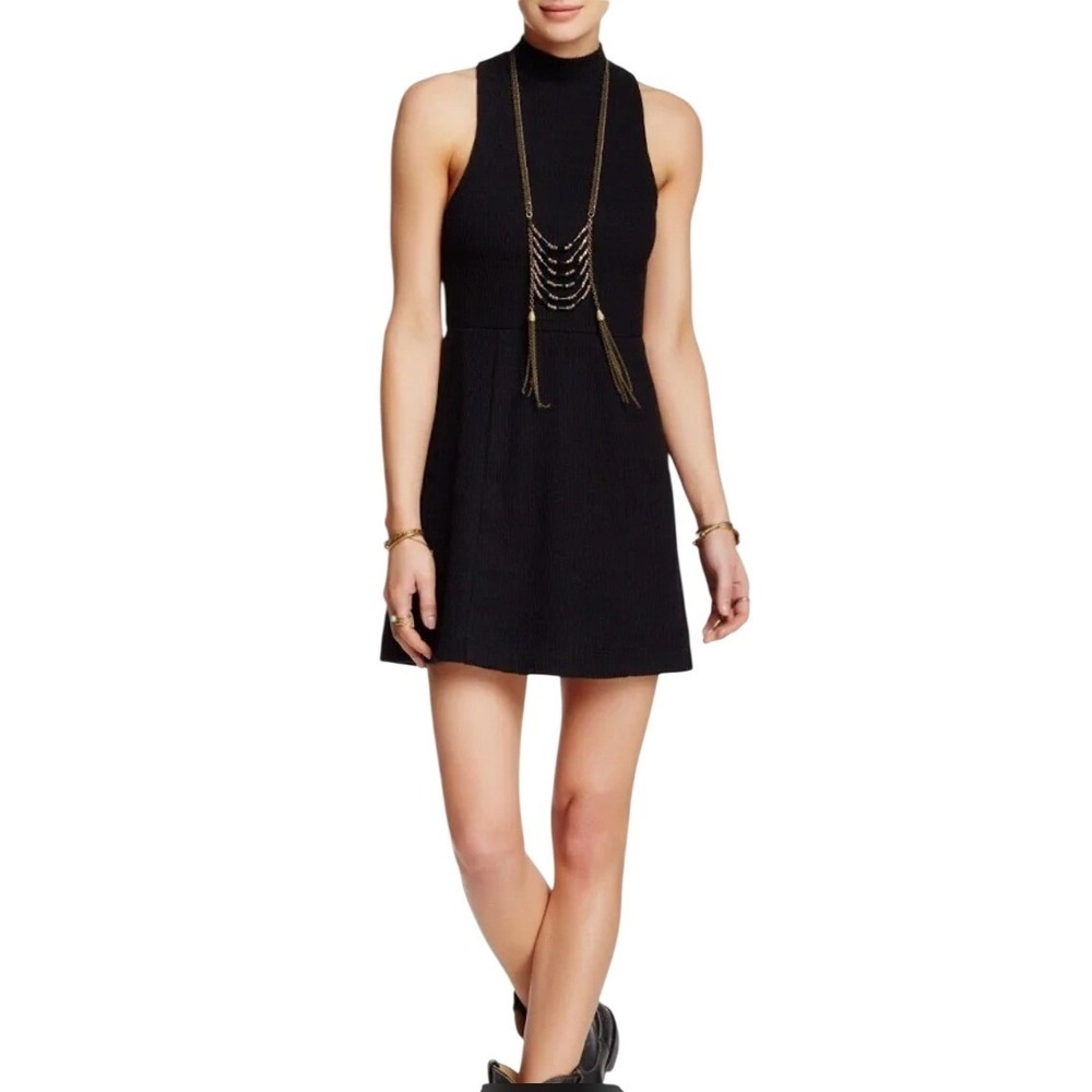 Free People‎ Navy Blue Ribbed knit Mock Neck Fit Flare Dress Womens sleeveless M